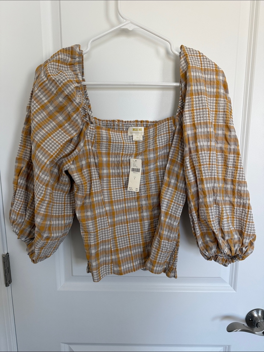 Maeve by Anthropologie Mustard and White Plaid Square-Neck Puff Sleeve Top